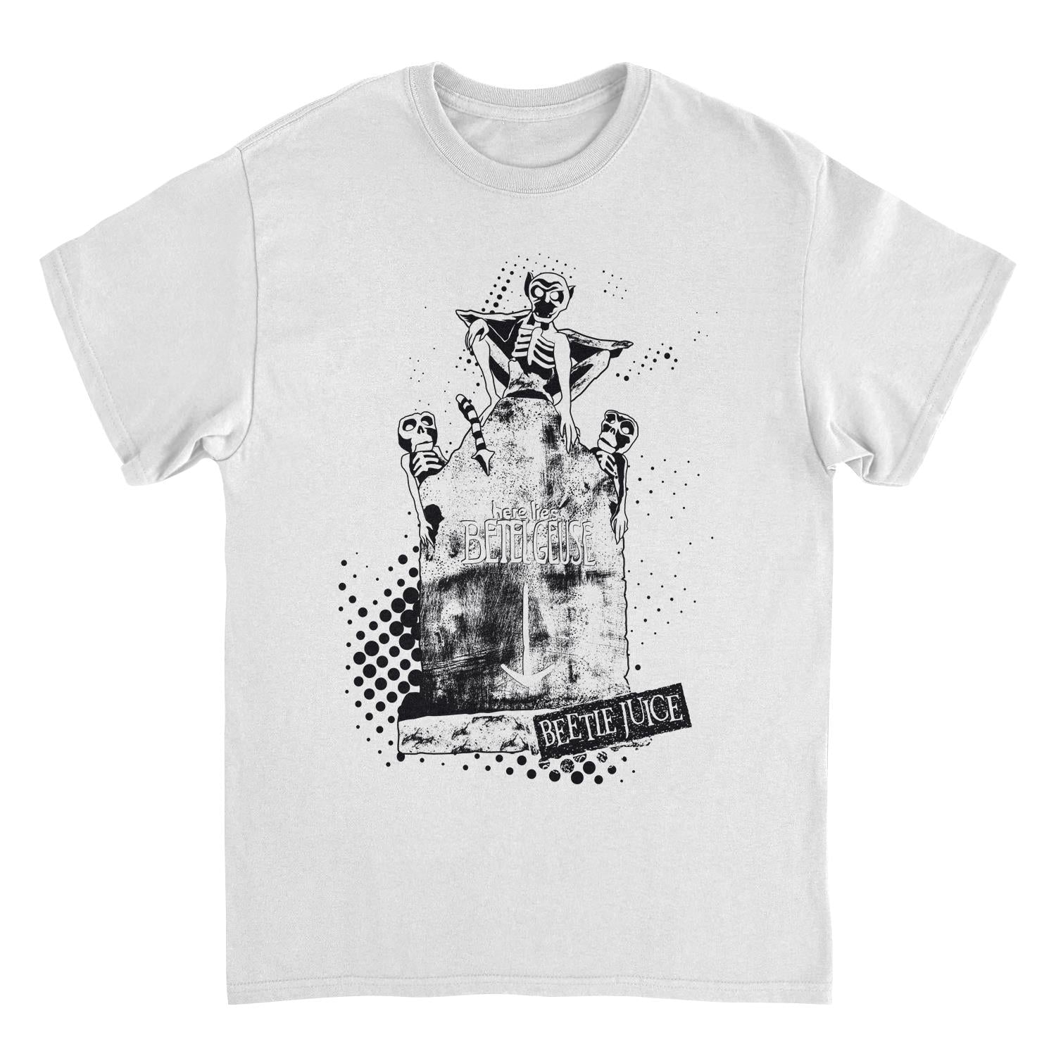 Beetlejuice “Here Lies Betelgeuse” T-Shirt – Vintage art Movie Graphic Tee (White, Unisex)