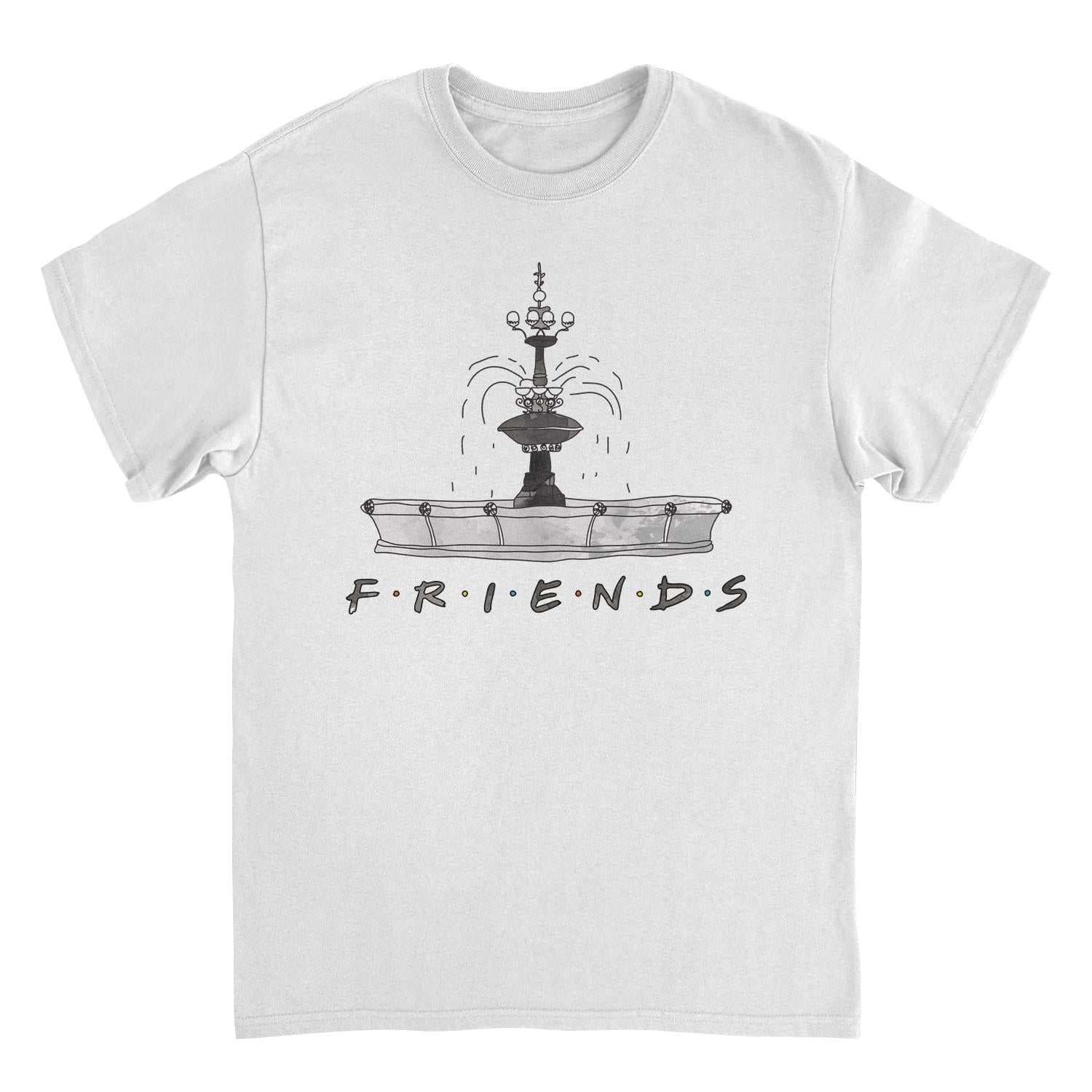 Friends Fountain Sketch T-Shirt – Classic TV Show Graphic Tee (White, Unisex)