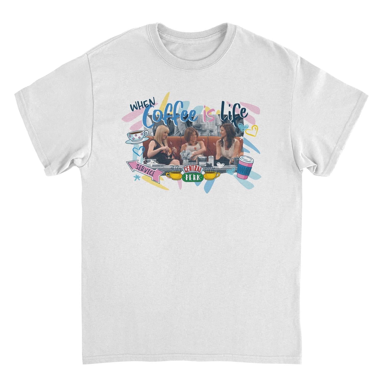 Friends Coffee Is Life T-Shirt – Funny TV Show Quote Graphic Tee (White, Unisex)